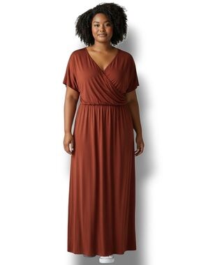 Meri Skye Women’s Plus Short Sleeve V-Neck Wrap Style Maxi Dress Stretch Rust 4X